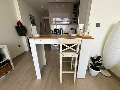Pair of White Wooden Bar Stools with 2 bar table