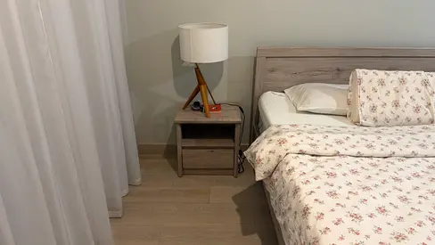 Queen wooden bed frame with matching bedside table - light oak