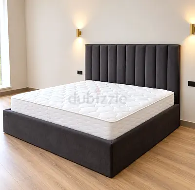 New Dark Grey Upholstered King Size Bed with Headboard and mattress