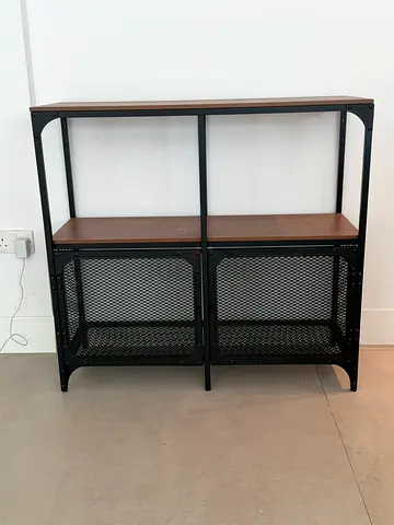 Industrial-style cupboard / bar with metal mesh baskets
