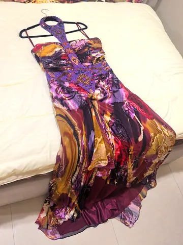 Long halter evening gown with colorful floral print, size approx L to XL or 14
