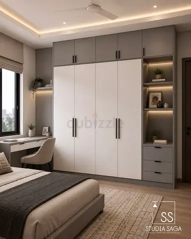 Built-in modern 4-door wardrobe with shelving and drawers - good condition