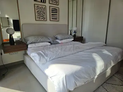 King size bed with headboard and side tables - light grey