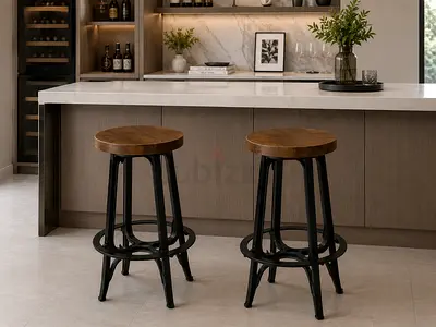 Set of 2 Wooden Top Metal Bar Stools - Industrial Style