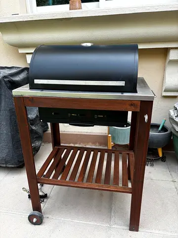 Used Charcoal BBQ Grill on Wooden Trolley with Wheels and side table