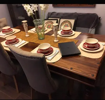 Distress Sale for Branded Dining Table with Chairs: Antique Solid Wood PanEm , UK family relocating