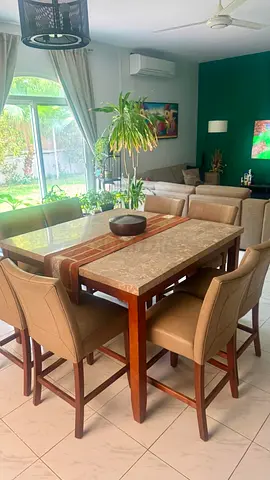 Wooden Marble-Top Dining Table with 8 Upholstered Chairs - Good Condition