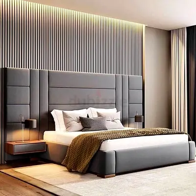 Modern Upholstered King Size Bed with Integrated Headboard and Nightstands
