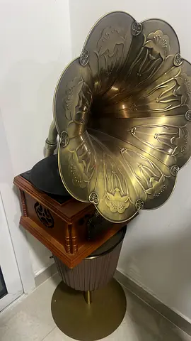Vintage Brass Gramophone with Wooden Base and Floor Stand