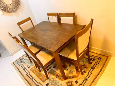 Solid Wood Dining Table with 6 Chairs - Good Condition with wear and tear and require little cleanin