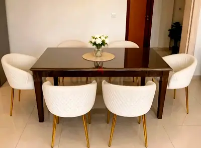 Luxury Wooden Dining Table with 6 Upholstered White Chairs