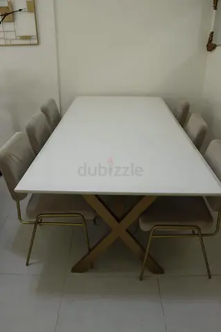 Dining Table, white top, gold X-base & 6 Dining Chairs, beige velvet, gold legs