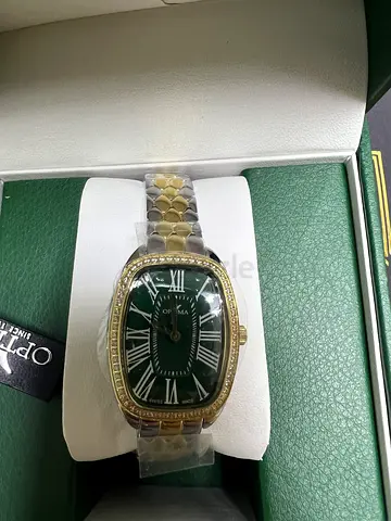 Woman Two-Tone Bracelet Watch with Green Dial and Roman Numerals