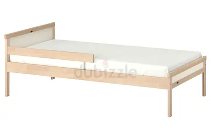 Single wooden bed frame with safety rail - light beech finish 70×160 with mattress