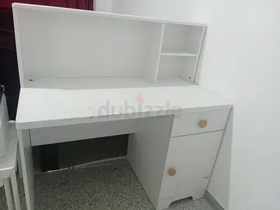 White wooden study desk with hutch and drawers - used