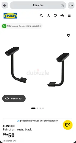 Pair of black FLINTAN armrests (IKEA) — Compatible desk chair armrests
