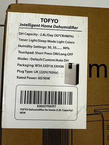 TOFYO 2.8L Compact Home Dehumidifier - Lightly Used