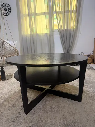 Round Black Wooden Coffee Table with Lower Shelf - Good Condition