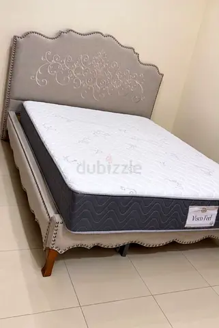 Queen Bed Frame with Headboard and Mattress - Neutral Beige