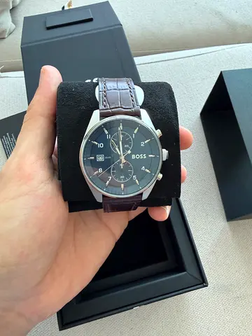 Hugo Boss men's chronograph watch with brown leather strap - good condition