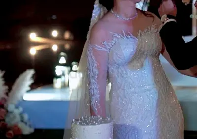Embroidered off-shoulder beaded wedding dress — size approx. M-L