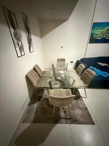 Glass Top Dining Table with 6 Beige Velvet Chairs - Excellent Condition and coffee table