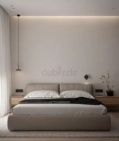 Modern upholstered king-size bed with padded headboard
