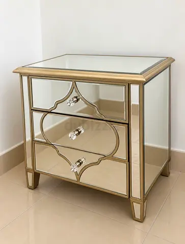 Mirrored 3-Drawer Bedside Table with Gold Trim