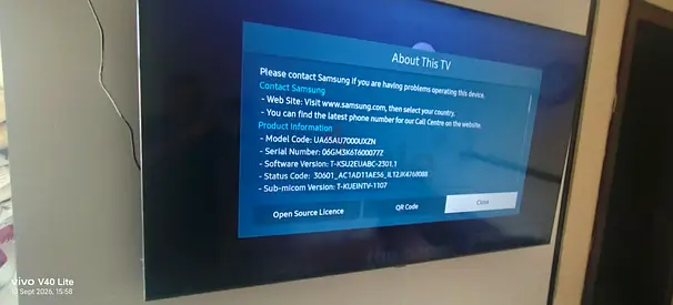 Samsung 55" Wall-Mounted Smart TV - Working (Software Info Displayed)