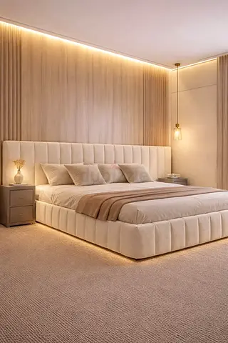 Modern upholstered king-size bed with padded headboard (beige)