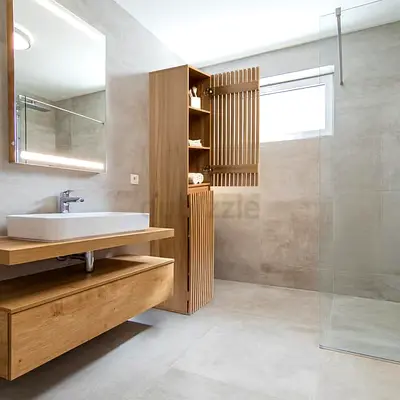 Designer Wooden Bathroom Column Cabinet – 35 × 33 × 160 cm, 6 Compartments, Handleless Doors, Brown