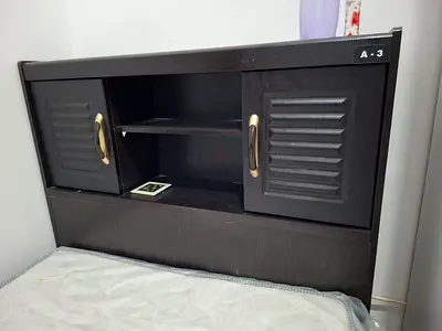 Wooden bed with side storage drawers and shelf - dark brown