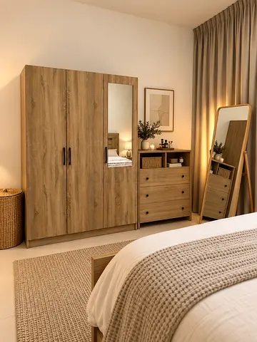 3-Door Wardrobe with Mirror – Light Oak