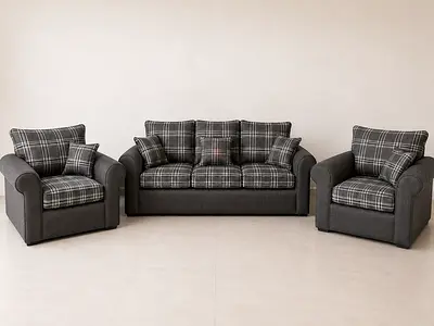 Modern 3-Piece Grey Plaid Sofa and Armchair Set