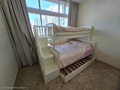 White wooden bunk bed with storage stairs and pull-out trundle - good condition