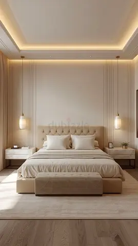 Modern Beige Upholstered Queen Bed with Headboard
