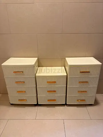 Set of 3 Plastic Storage Drawers on wheels  - Cream with rose gold handles