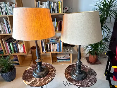 Pair of library table-top lamps with fabric shades, AED 80 each, 120 the pair, negotiable