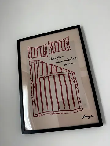 Framed Minimalist Line Art Print — Beds Illustration (Black Frame). A2 size