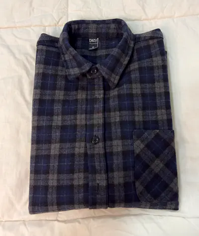 Unisex Navy Grey Plaid Long-Sleeve Casual Shirt - Size L - Available for a quick sale