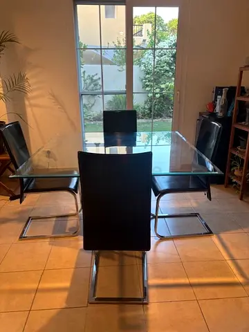 Dining Table marble and glass with 4 black leather chairs