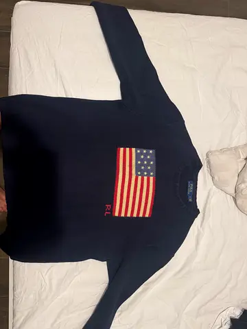 Navy Polo Ralph Lauren Knit Sweater with American Flag - Size M - Bought for 1,300