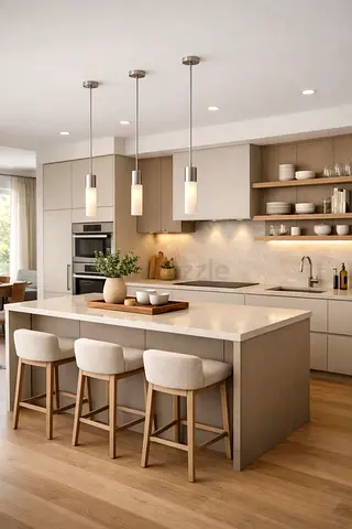 Modern kitchen island with three pendant lights