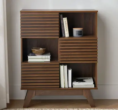 Compact Wooden walnut Display Cabinet with Shelves - Mid-century Style