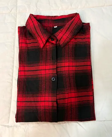 Red and black plaid long-sleeve button-up shirt — casual flannel - Available for a quick sale