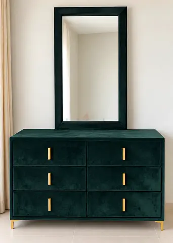 Dark Green Velvet 6-Drawer Dresser with Mirror