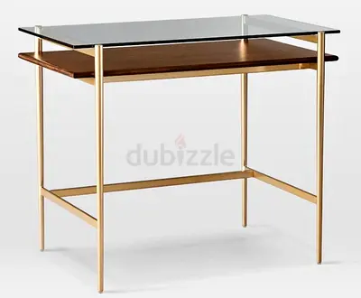 West elm Modern Glass and Wood Top Study Desk with Gold Frame