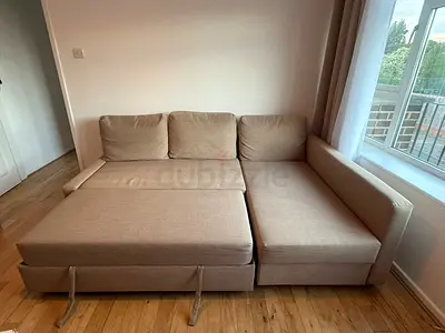 Beige L-Shaped Corner Sofa Bed with Pull-out Mattress