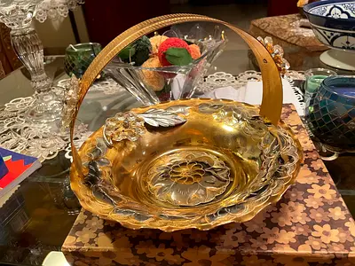 Gold-Plated Decorative Basket with Floral Detailing and Handle