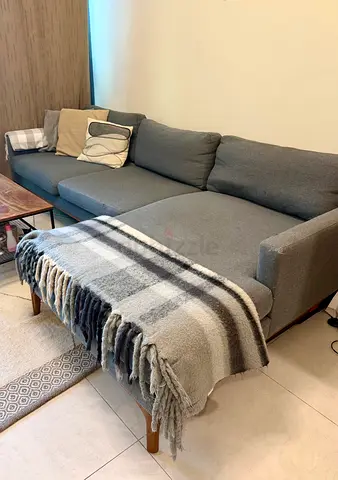 West Elm Grey L-shaped (left side) Fabric Sofa – 3-seater with Chaise, Good Condition